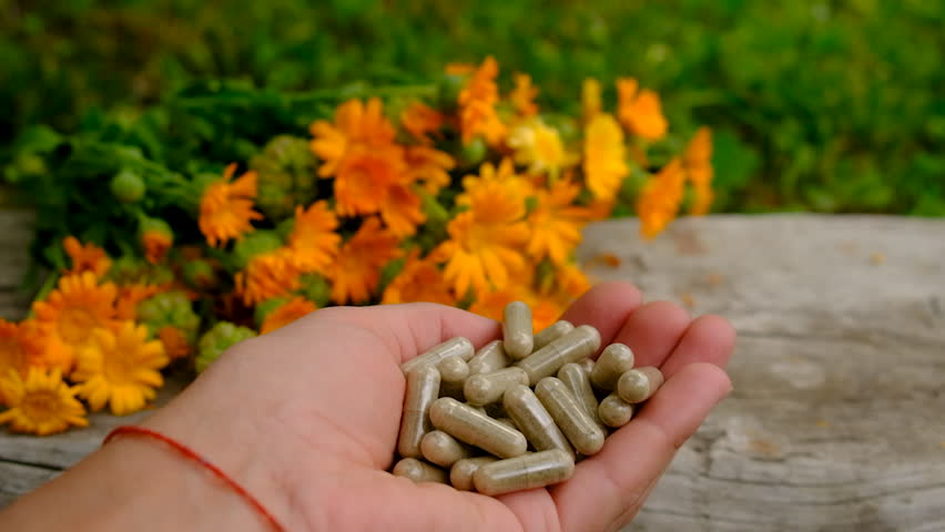 Calendula tincture and supplements. Selective focus.