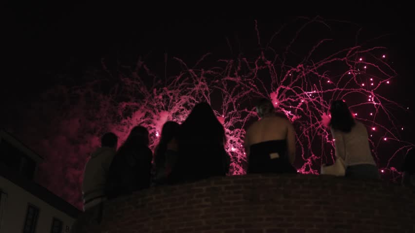 People sitting in the foreground watching spectacular fireworks in the night sky, festive atmosphere, holiday celebration, New Year’s Eve, fiesta, party, magical lights, joyful emotions, city festival