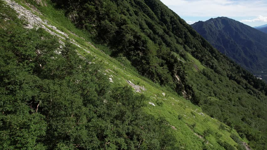 Lush Green Mt. Hotaka In Kamikochi, Nagano Prefecture, Japan - Drone Shot