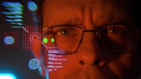 A close-up of a man wearing glasses staring at a digital HUD interface with holographic graphics. The futuristic visual suggests concepts of augmented reality, technology, and innovation. - Powered by Shutterstock - Get 15% off with code: PIKWIZARD15