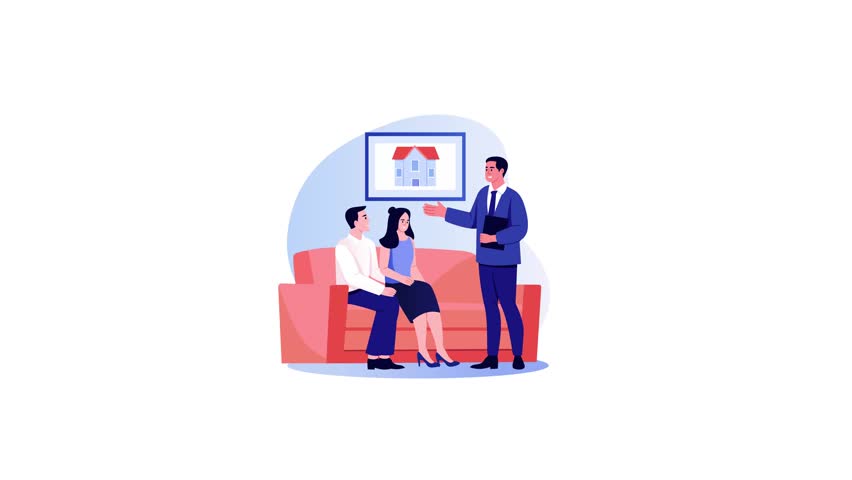 A flat style animated illustration showing a person buying house