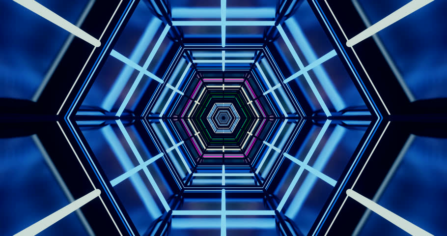 Dynamic neon hexagonal patterns create an engaging ambiance with vibrant colors. This seamless looping design is perfect for entertainment environments or as a captivating screensaver.