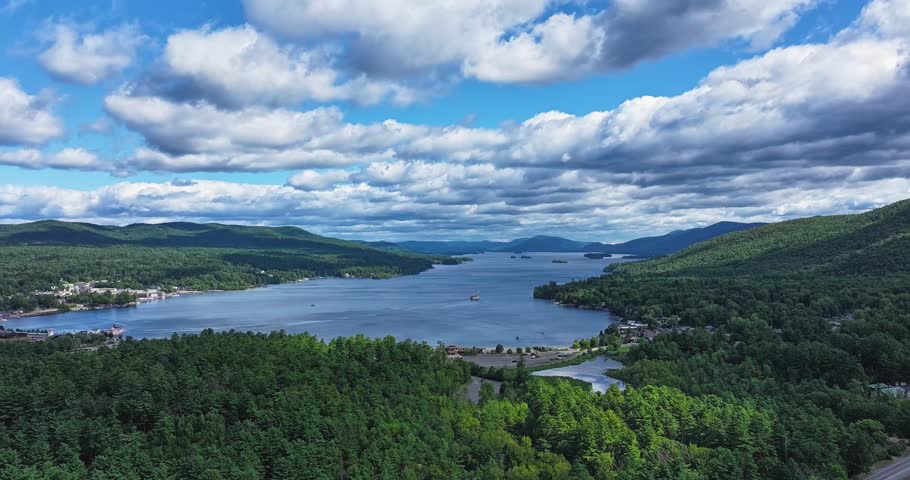 Lake George, New York, USA - August 26, 2025: Afternoon hyperlapse aerial summer video of the area surrounding the Lake George, NY,
