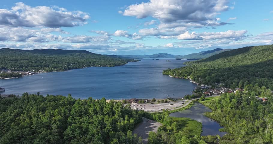 Lake George, New York, USA - August 26, 2025: Afternoon hyperlapse aerial summer video of the area surrounding the Lake George, NY,