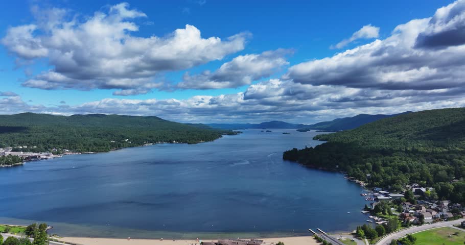 Lake George, New York, USA - August 26, 2025: Afternoon aerial summer video of the area surrounding the Lake George, NY,
