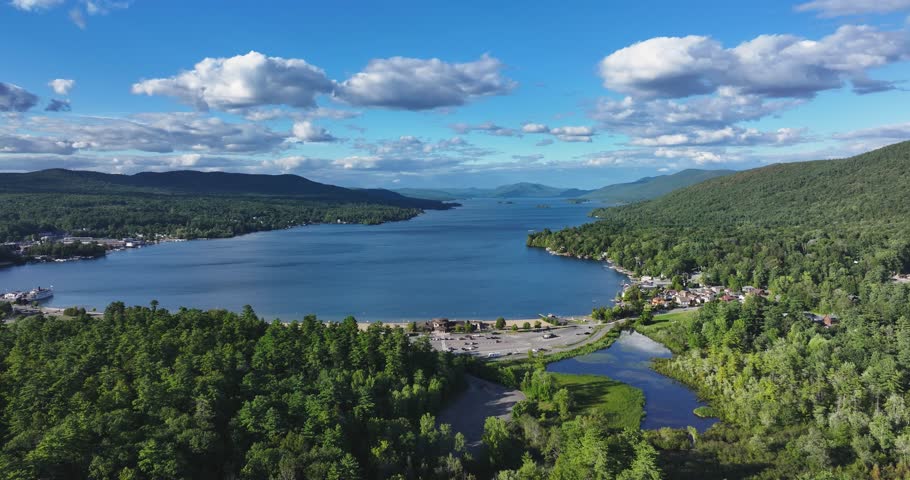 Lake George, New York, USA - August 26, 2025: Afternoon aerial summer video of the area surrounding the Lake George, NY,