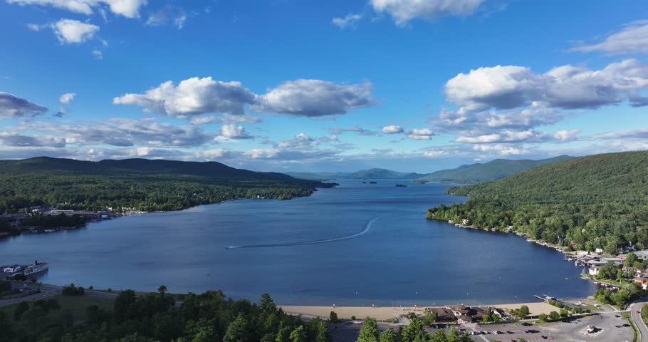 Lake George, New York, USA - August 26, 2025: Afternoon aerial summer video of the area surrounding the Lake George, NY,
