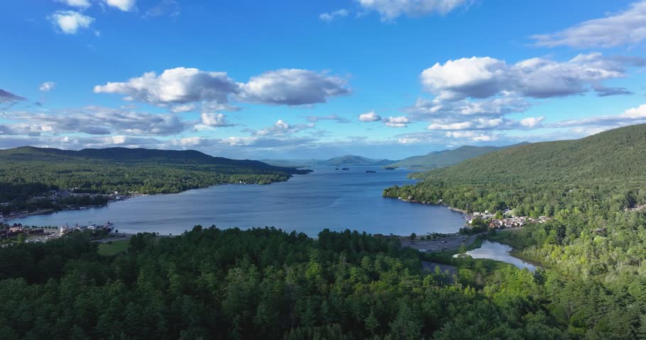 Lake George, New York, USA - August 26, 2025: Afternoon aerial summer video of the area surrounding the Lake George, NY,