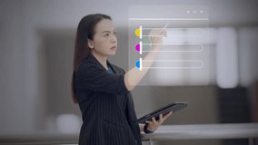 Asian businesswoman adjusting stock portfolio using futuristic digital interface. Concept of fintech, smart investment, equity analysis, and data-driven decisions. - Powered by Shutterstock - Get 15% off with code: PIKWIZARD15