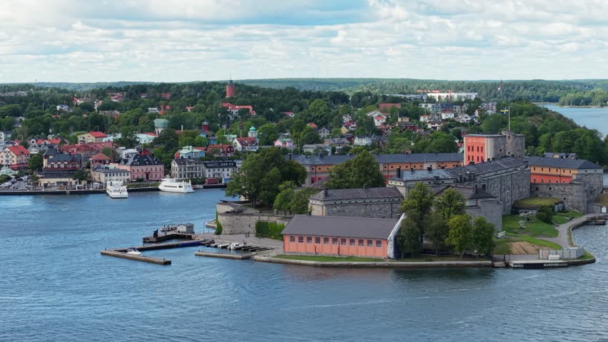 Aerial view of Vaxholm fortress and Vaxholm city in the Swedish archipelago. Vaxholm is a city, urban area and the seat of Vaxholm Municipality, Stockholm County, Sweden.
