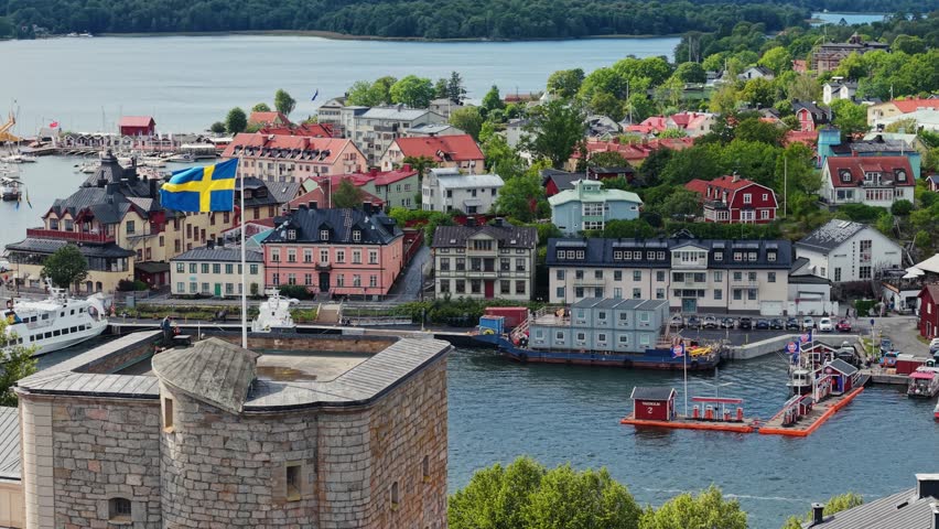 Aerial view of Vaxholm fortress and Vaxholm city, Stockholm County, Sweden. It occupies the islands of Vaxön and Kullö in the Stockholm archipelago.