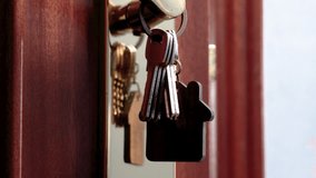 House owner takes bunch of apartment keys with keychain from golden handle of wooden door close-up - Powered by Shutterstock - Get 15% off with code: PIKWIZARD15