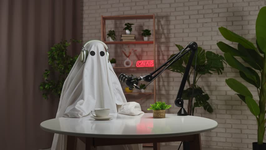 A person dressed as a ghost, wearing a white sheet and headphones, sits in front of a microphone, creating a humorous podcast on the theme of Halloween. Ideal for comedy, media, and scary themes.