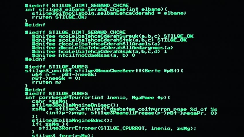 Retro VHS-captured footage of scrambled source code scrolling on computer monitor, chunky 8-bit font. Green text streams create nostalgic programming backdrop for tech and coding projects.