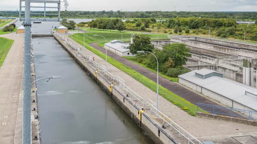 time lapse and close-up of a tanker ship passing through a water-saving lock in Magdeburg Rothensee, Saxony-Anhalt, Germany, in August 2025