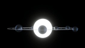 3d small black spheres, molecules or particles rotating to orbit path around big neon light ball or planet. Abstract art 3d animation on black background. Modern fashion concept design. - Powered by Shutterstock - Get 15% off with code: PIKWIZARD15