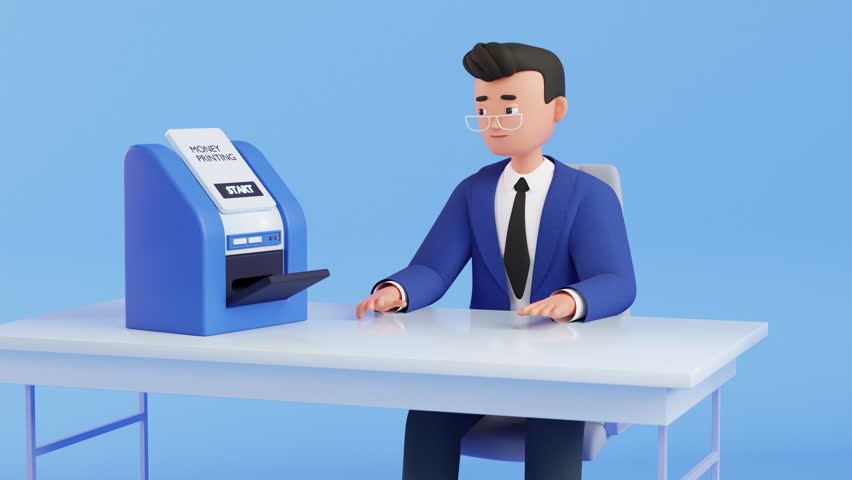Money Printing Machine 3d animation. businessman presses Print button. Easy money Income and Financial Success concept. Cash printer machine, dollar bills flying out. wealth, investment. looped