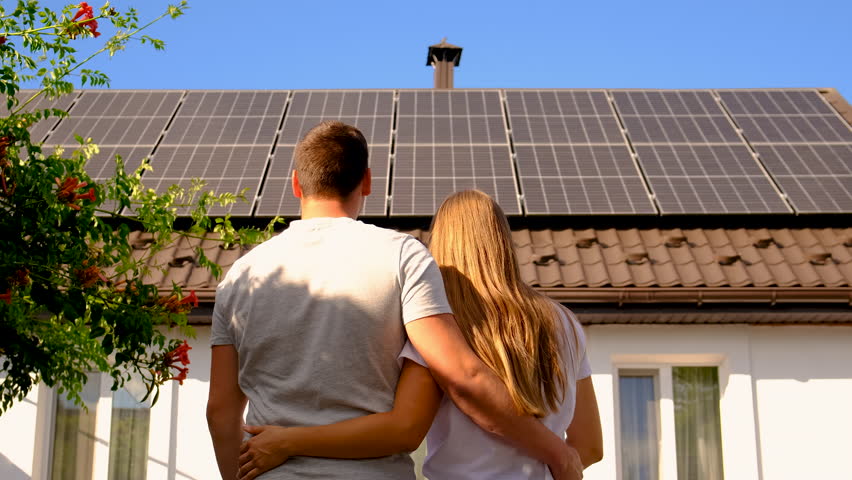 Family looking at solar panels. Selective focus. Sun.