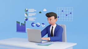 Businessman character works at computer 3d animation. Financial graphs and charts, business. Accounting, analysis, audit, research. infographics. Finance statistics. office worker, manager, clerk - Powered by Shutterstock - Get 15% off with code: PIKWIZARD15