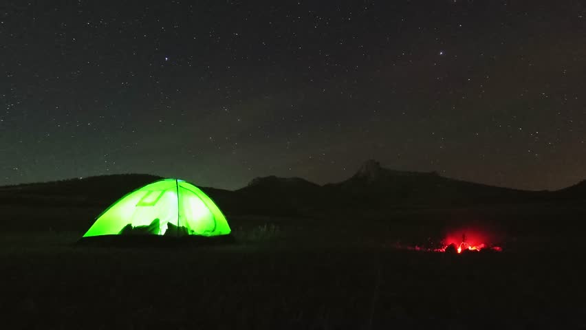 Static view tent with fireplace at night with starry night.Camping under stars copypaste background