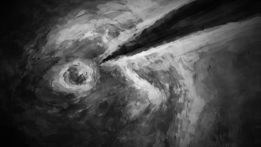 Scary grunge animation on black and white background. Dark man picks up the sacred skull and places it on his forehead. 4K animated video clip with brush strokes. Frightening moving pictures. Motion g