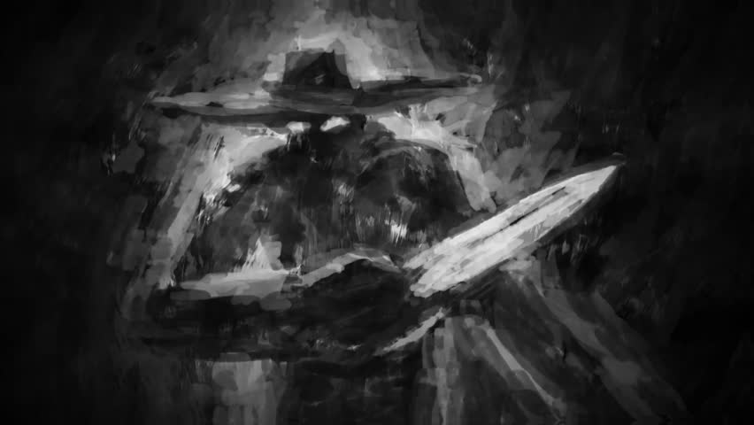 Scary maniac in a big hat waves a knife. Dark 2d animation. Motion graphics for VJ loops and music clips. 4K grunge video with brush strokes. Animated film nightmares for creepy Halloween.