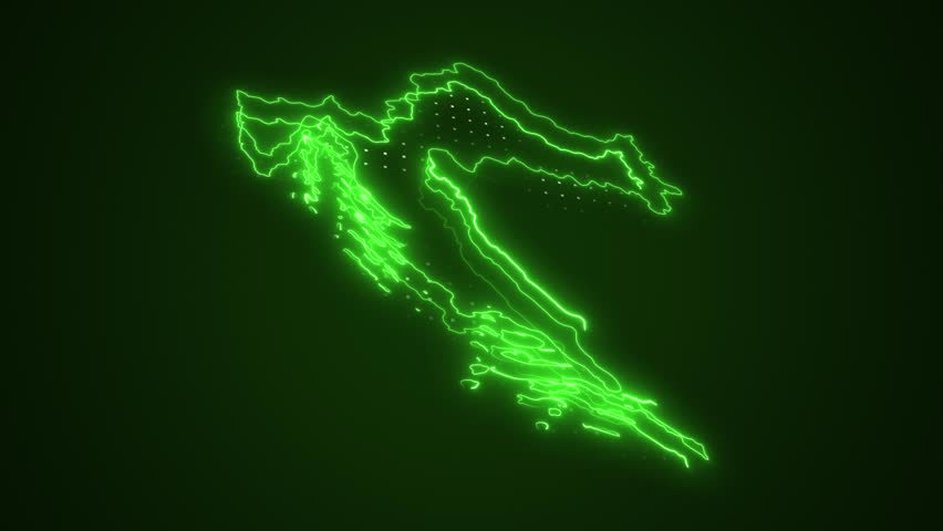 3D Moving Neon Green Croatia Map Borders Outline Loop Background
