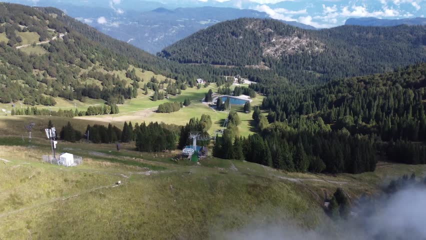 A stunning panoramic view of Soriska planina, showcasing alpine meadows, dense forests, ski lifts, a small lake, and distant mountain ranges under clouds and blue sky.