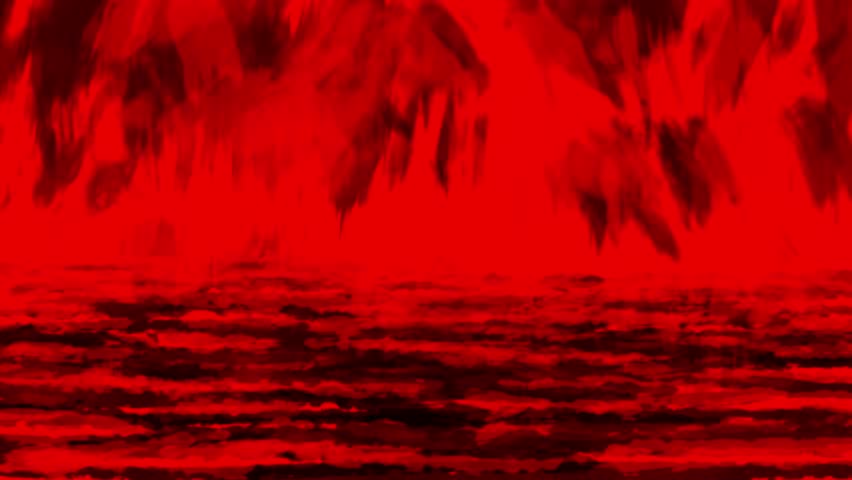 Dark goddess comes out of burning lake and walks on hot stones. Terrible whirlwind into another world. Supernatural beings from depths of hell. Animation in horror fantasy genre. Red and black.