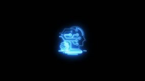 Neon A I brain circuit head with gear mechanism glowing blue on black background representing - Powered by Shutterstock - Get 15% off with code: PIKWIZARD15