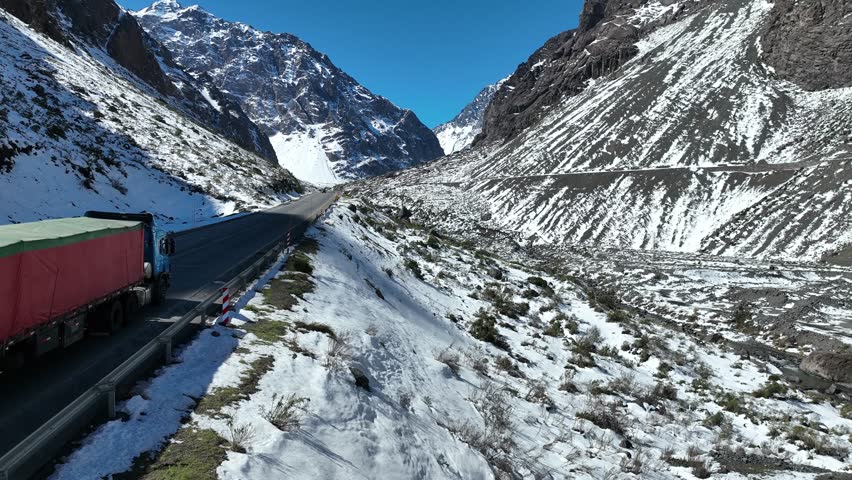 Los Caracoles highway road near Santiago Chile in aerial view. Snow highway road.