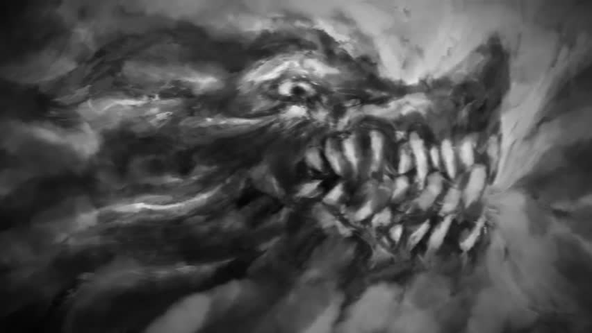 Spikes emerge from the skull 2D animation in horror fantasy genre. Inside of darkness. Angry man turns into a scary werewolf. Animated film nightmares. Creepy Halloween. Motion graphics for VJ loop.