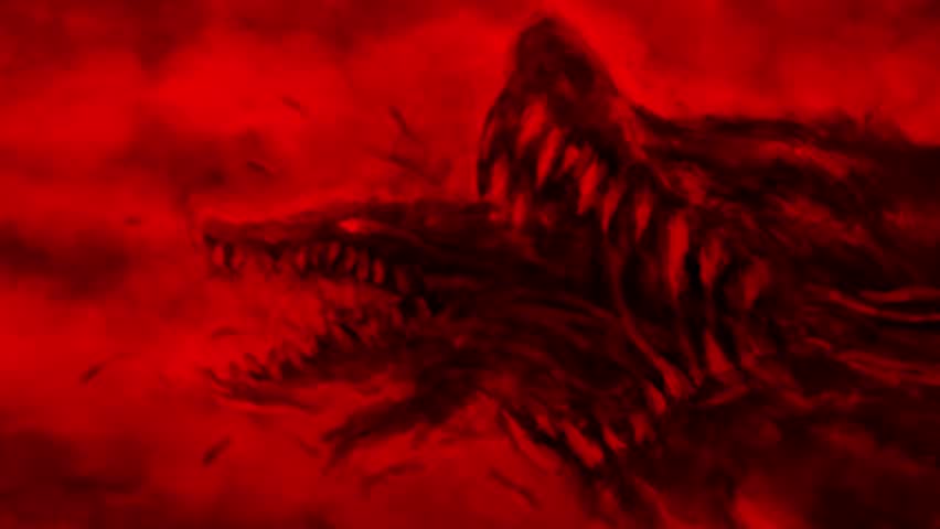 In the mouth of darkness 2D animation. Horror fantasy genre. Angry man turns into a scary werewolf. Spikes emerge from the skull. Motion graphics for VJ loops and music clips. 4K grunge video.