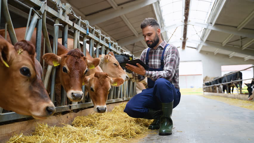 Farmer examining cattle with digital tablet in barn
