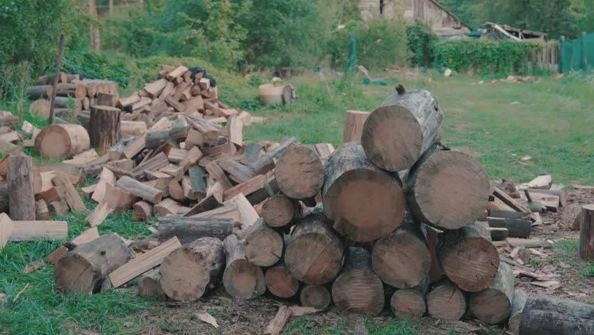 Rural House Backyard with Cut Tree Logs and Chopped Firewood Preparation | Forest Home Winter Fuel Storage | Traditional Wood Harvesting in Countryside
