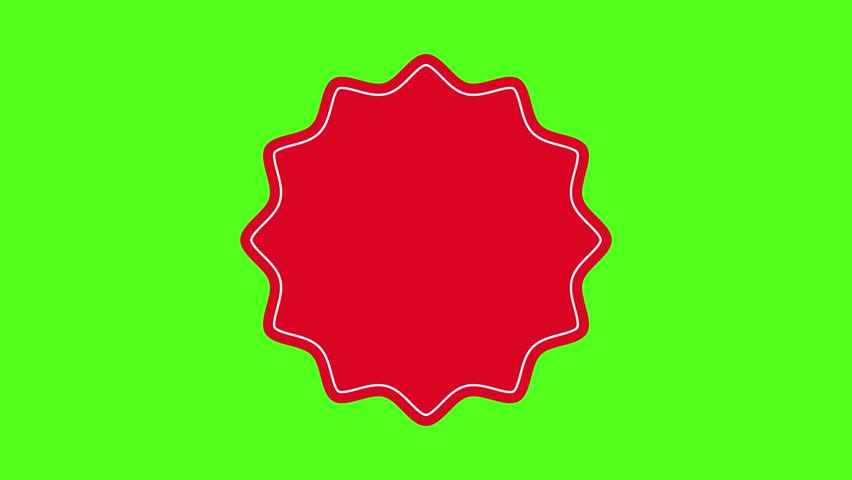 A clean and minimalist 2D vector animation of a red quote bubble or badge with a white outline that wiggles and disappears on a bright green screen.
