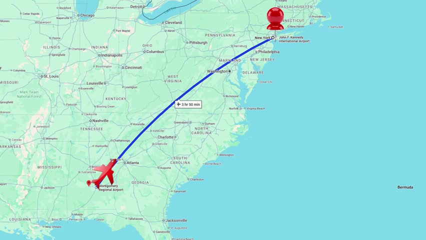 Dynamic flight path visualized across US map showing travel time from Atlanta to New York, perfect for travel planning and logistics