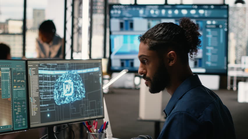 Property developer analyzing real estate projects with AI driven data science, predictive analytics and algorithms to optimize housing layouts or zoning regulations. Master plans. Camera B.