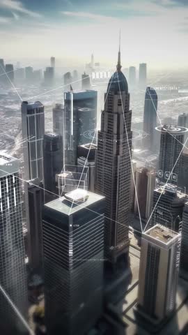 Network connecting modern buildings in business city center