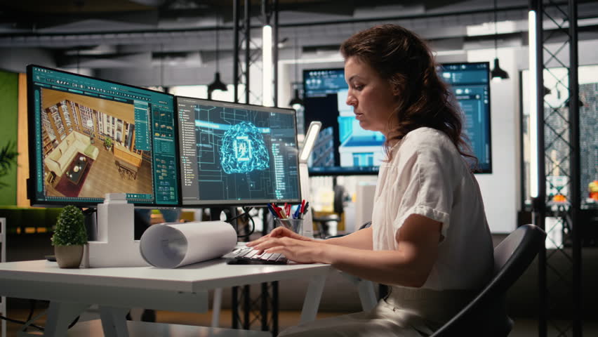 Real estate analyst uses artificial intelligence for blueprint design and project development, machine learning and big data analytics enables AI engineering for commercial property. Camera A.