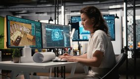 Real estate analyst uses artificial intelligence for blueprint design and project development, machine learning and big data analytics enables AI engineering for commercial property. Camera A. - Powered by Shutterstock - Get 15% off with code: PIKWIZARD15