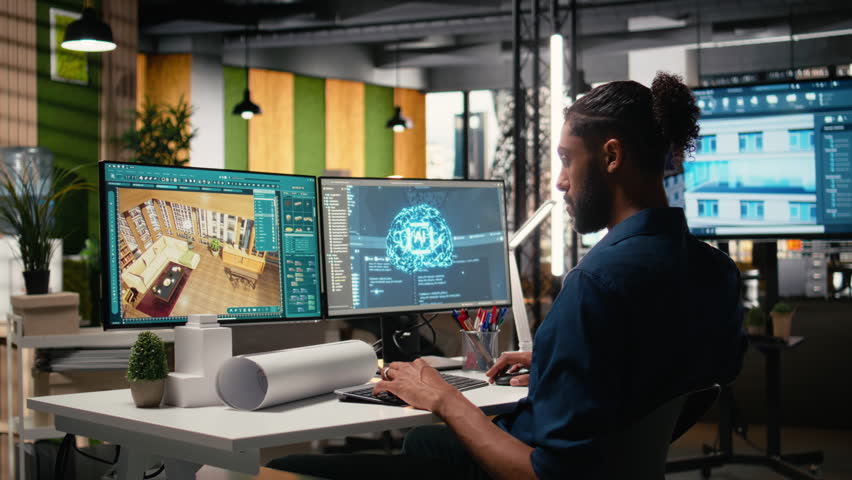 Real estate developer works with artificial intelligence and interior design software, deep learning and neural network algorithms for urban planning. Site preparation in office. Camera A.