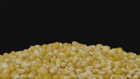 A close-up of white salted popcorn kernels on a black background, revealing their crisp texture and light salt coating. The high-definition shot emphasizes the snack's irresistible appeal. - Powered by Shutterstock - Get 15% off with code: PIKWIZARD15