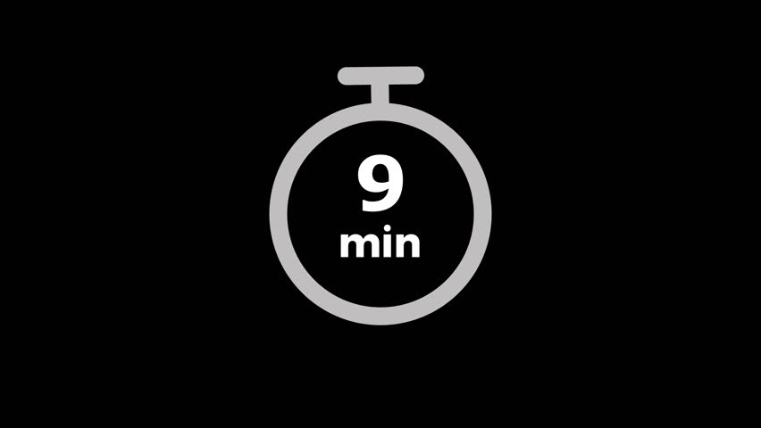 9-Minute Countdown Timer Animation. Flat Stopwatch Icon on Transparent Background 4K video.