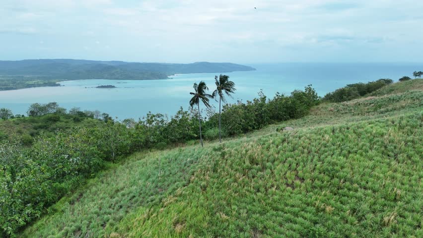 Scenic ocean and hill landscape with turquoise sea and cloudy horizon, perfect for summer vacation, eco tourism, and nature concepts.