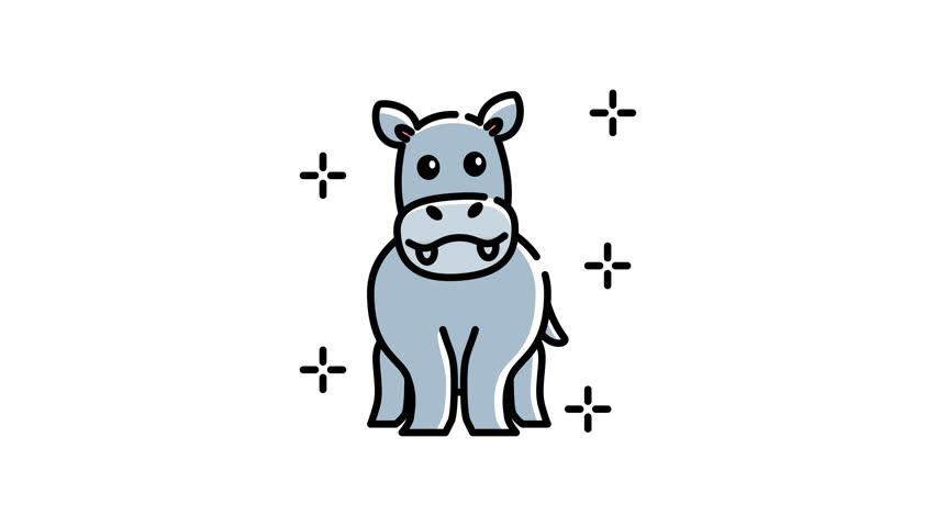 Cute hippopotamus animation with black outlines and sparkles. Adorable and lively character suitable for animations, childrens books, or playful designs.