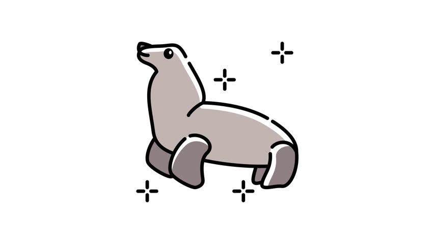 Sea lion animation seal with black outlines and surrounding stars performs cute show amidst twinkling constellations