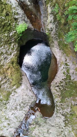 Top down view of ripples in a narrow deep pool of water in a crevice in a stone boulder. Taken while hiking to and from Baby Hot Springs, a natural hot springs in the Mount Hood National Forest.