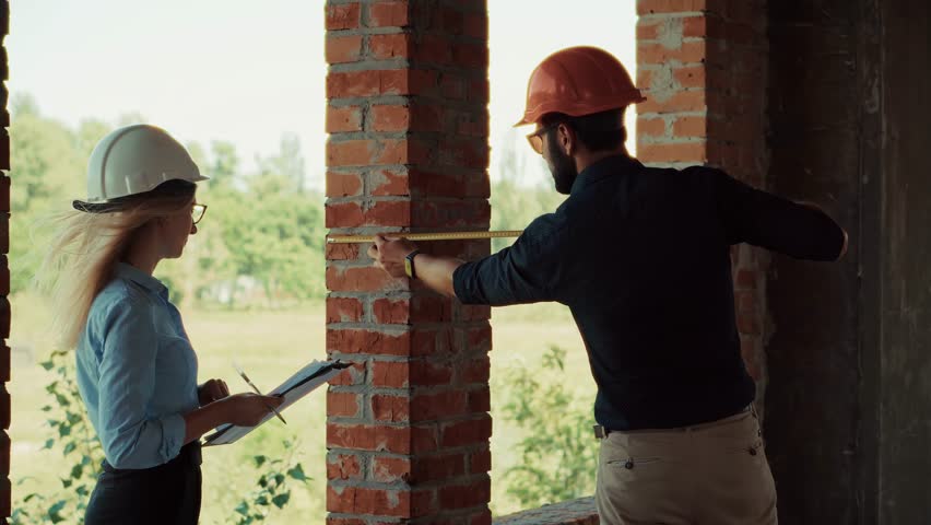 Construction Workers Measuring Wall At Building Site. Architect Team Inspecting New Property, Professional Builders Collaboration. Real Estate Development. Architectural Planning, Building Industry