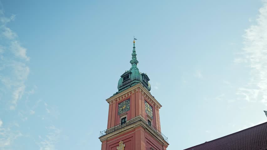 Majestic Royal Castle tower in Warsaw Poland, clock details and copper rooftop